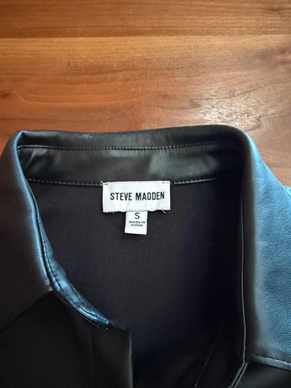 Steve Madden Black Faux Leather Puff Sleeve Button-Front Top - Picture 5 of 6